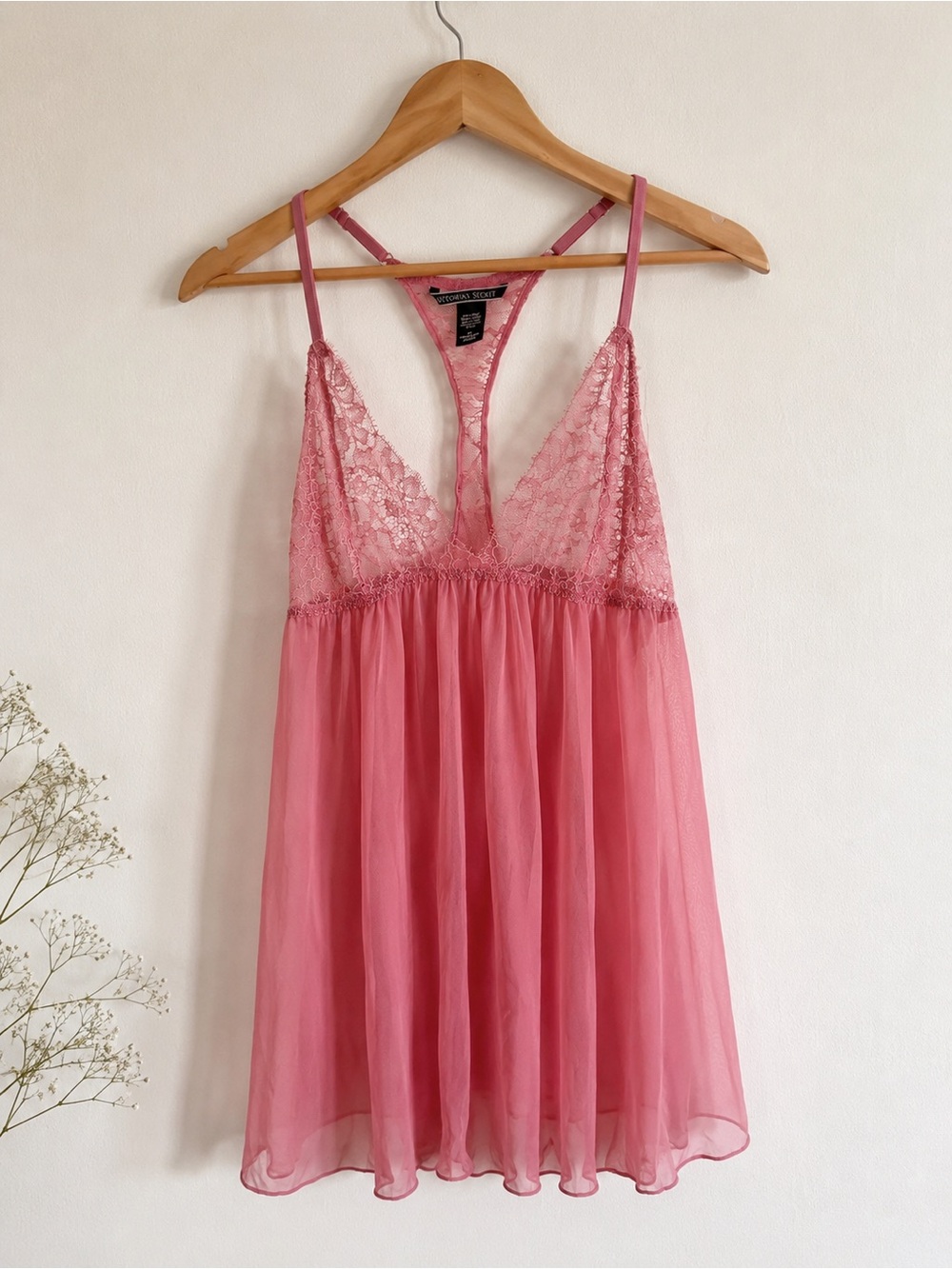 Vintage Victoria’s Secret Pink Lace Mesh Babydoll Chemise Y2K Medium
